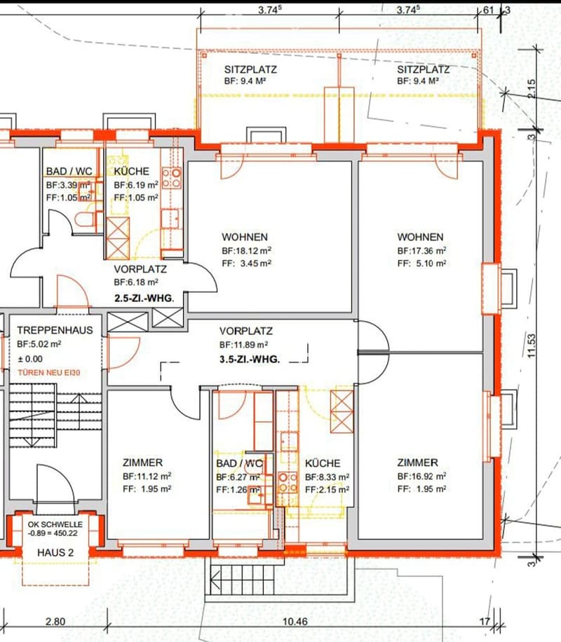 Floor plan of a multi-unit residential building showing two apartments: a 2.5-room unit and a 3.5-room unit, each with labeled rooms including living areas, bedrooms, bathrooms, and kitchens.