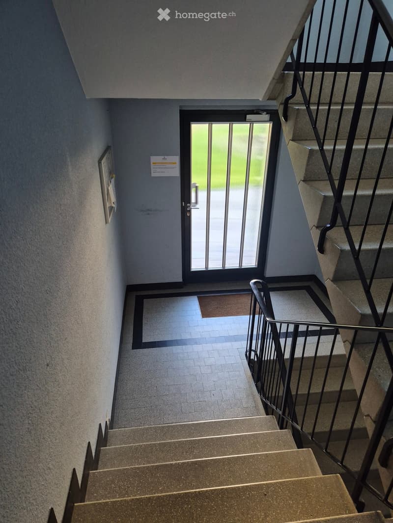 Staircase with gray steps, metal railing, and a door leading outside with a glass panel.