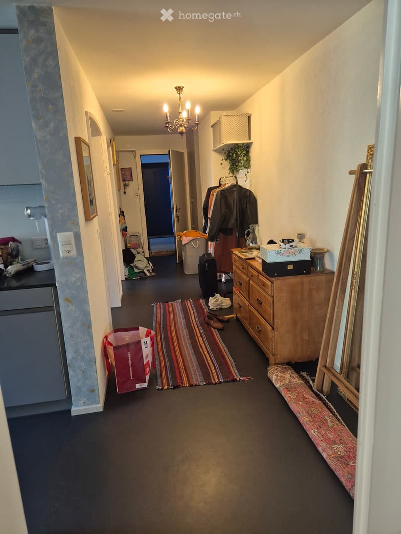 A narrow hallway with dark flooring, a chandelier, a wooden dresser, and various items including a rug, shoes, and a suitcase.