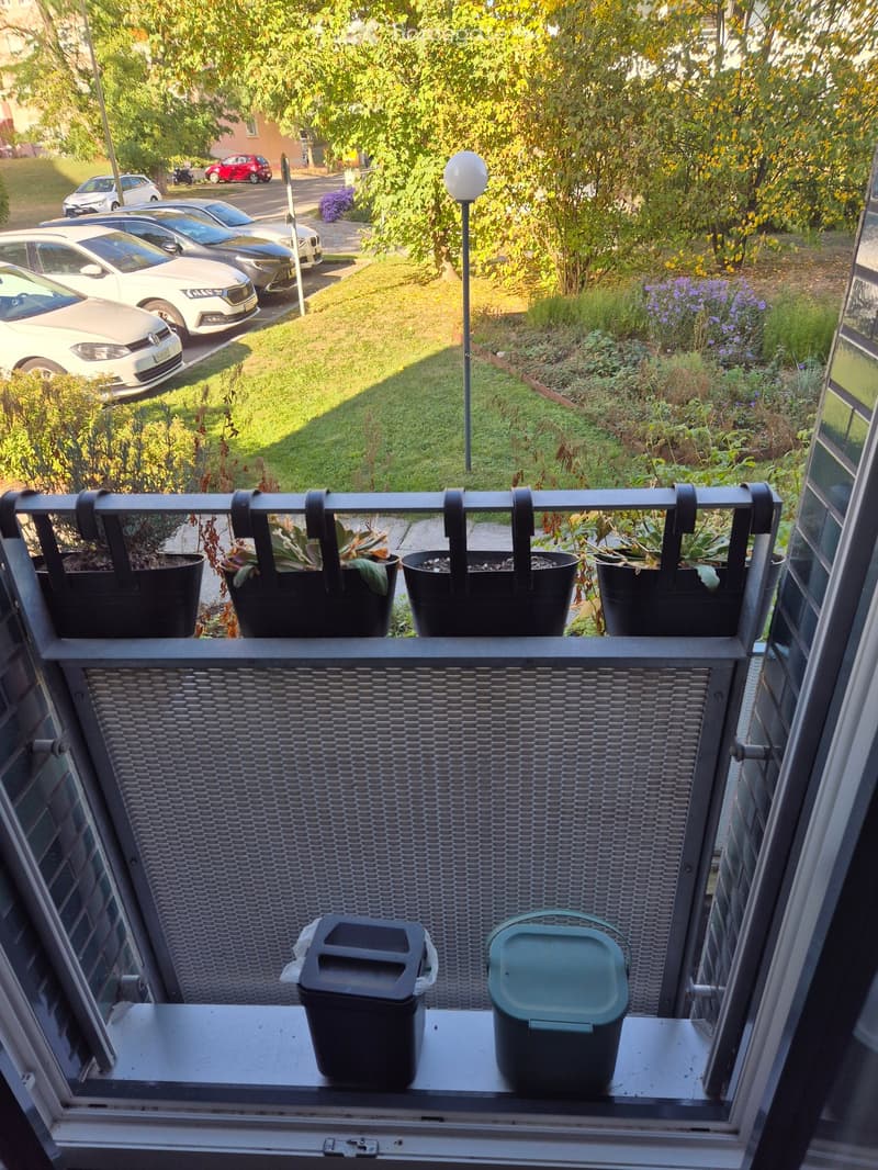 Balcony with metal railing, several black flower pots, and two trash bins on the windowsill.