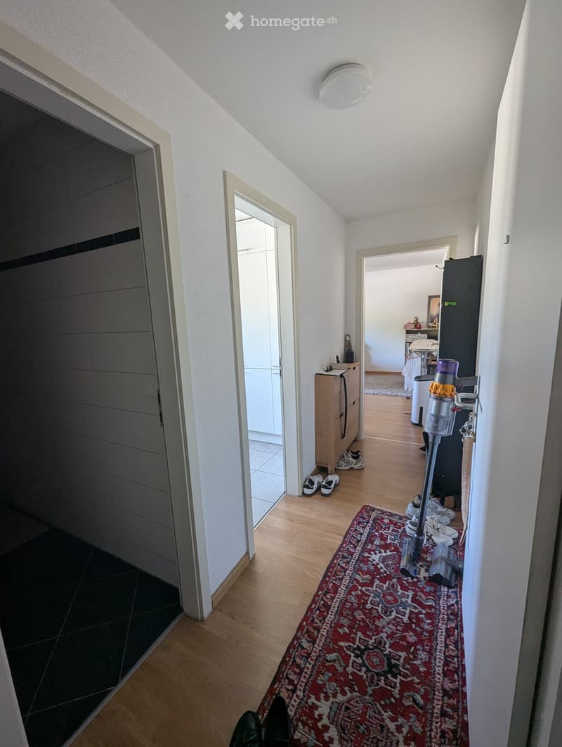 A narrow hallway with wooden flooring, white walls, and a red patterned rug. Several pairs of shoes are placed along the rug, and a vacuum cleaner is leaning against the wall. A small wooden cabinet and a few other items are visible in the background.