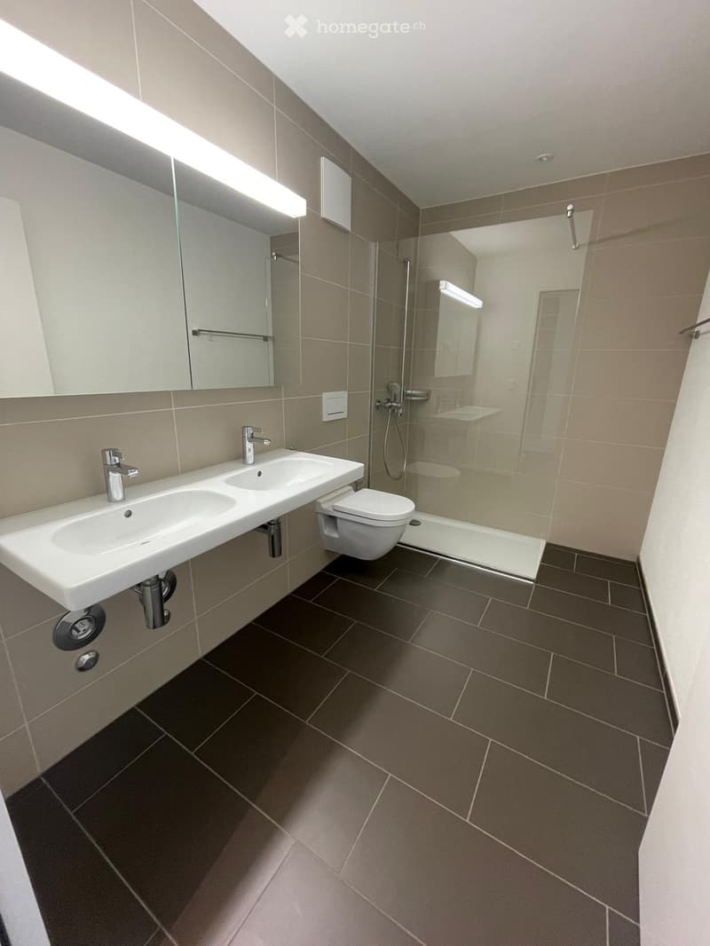 Modern bathroom with a double sink, toilet, glass-enclosed shower, and large mirror. Features dark tiled flooring and beige tiled walls.
