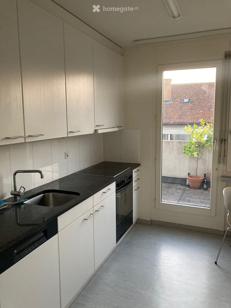 Modern kitchen with white cabinets, black countertops, stainless steel sink, and built-in oven and dishwasher. A sliding glass door leads to a small outdoor area with a potted plant.