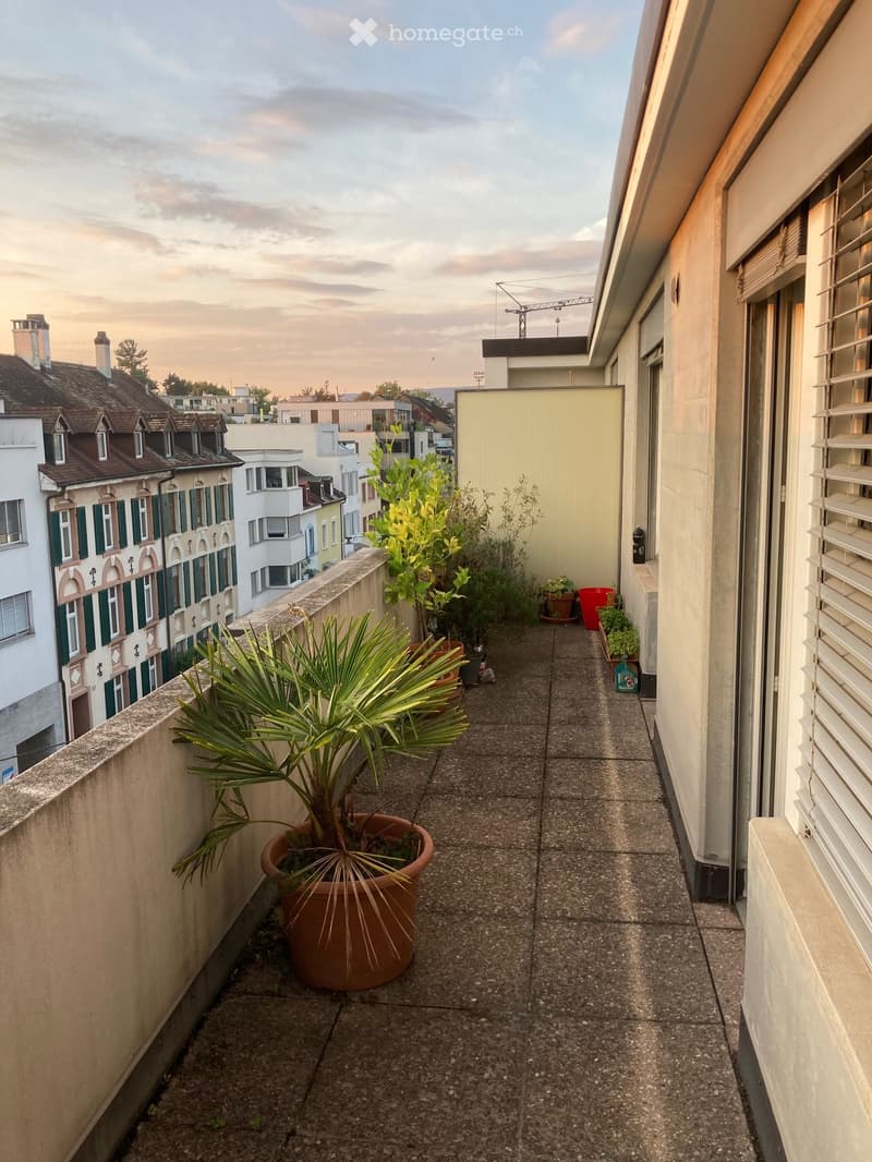 Narrow balcony with potted plants, overlooking a cityscape with traditional buildings and a sunset sky.
