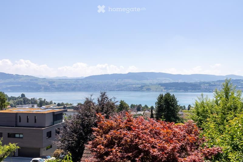 A scenic view of a lake and distant mountains from a garden area, with a modern house and lush greenery in the foreground.