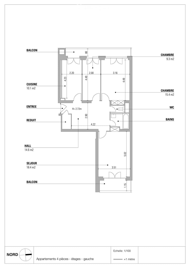 Floor plan of a 4-piece apartment with living room, kitchen, two bedrooms, bathroom, and two balconies.