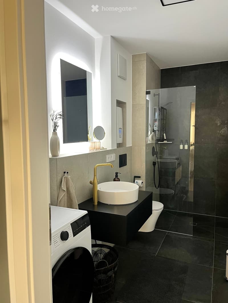 Modern bathroom with a black vanity, white sink, gold faucet, glass shower enclosure, and a white toilet. Features include a large mirror, a vase on the windowsill, and a washing machine to the left.