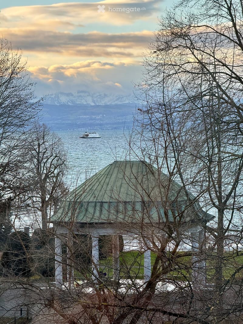 A gazebo with a green roof is surrounded by leafless trees, overlooking a body of water with a distant mountain range and a ferry in the distance.