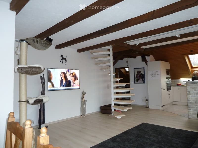 Open-plan living and dining area with exposed wooden beams, cat tree, TV, staircase leading to another level, and a small kitchen area with white cabinets and appliances.