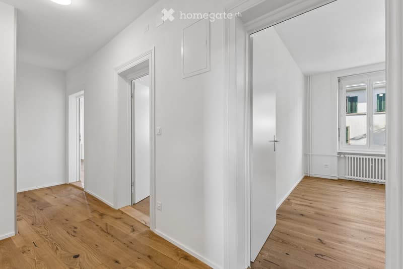 Bright, minimalist hallway with white walls, wooden flooring, and multiple doors leading to other rooms. Features a window with a view of a building exterior and a radiator below it.