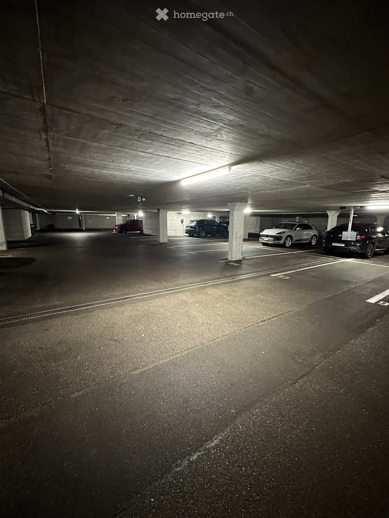 Underground parking area with several parked cars, concrete pillars, and overhead lighting.