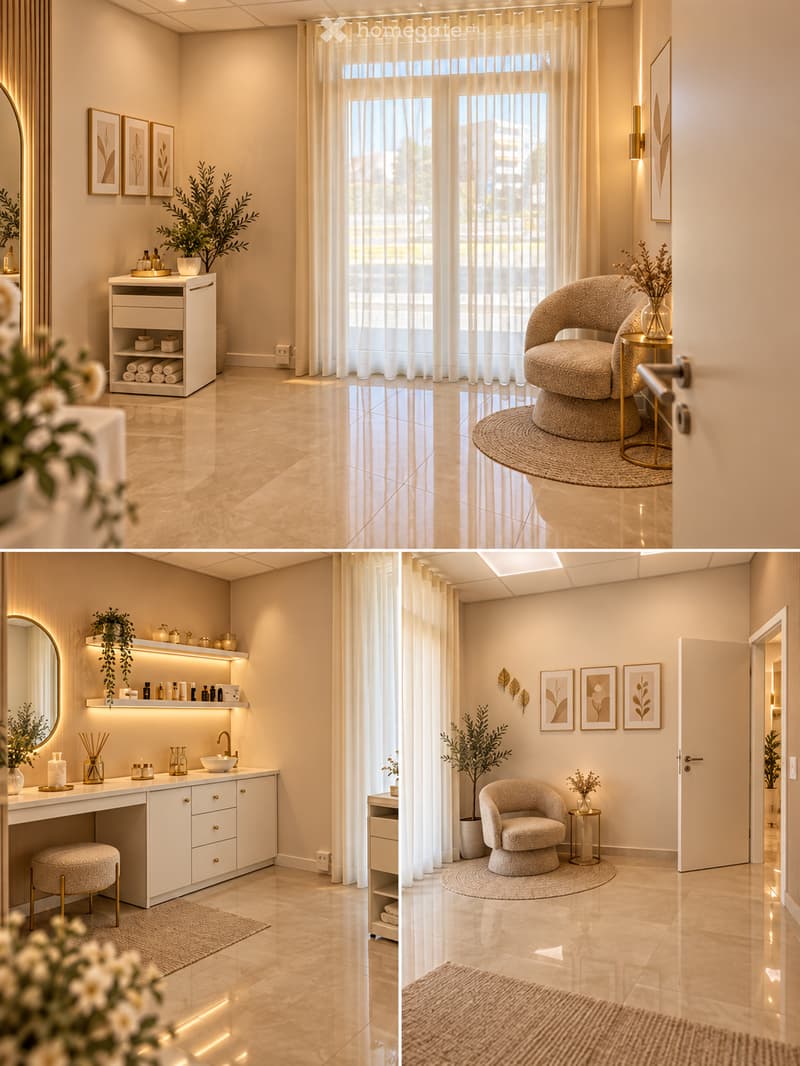 Modern bathroom with a large sink, mirror, vanity cabinet, and a cozy seating area with a round chair and small table. The space features framed art, plants, and large windows with sheer curtains.