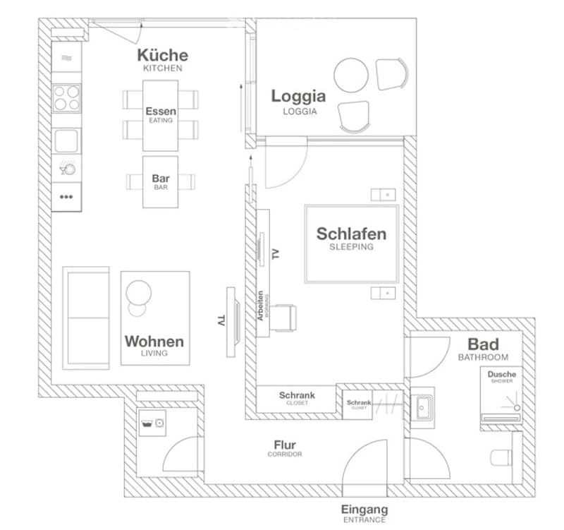 Floor plan of a modern apartment featuring a kitchen, living area, sleeping area, bathroom, loggia, and entrance corridor.
