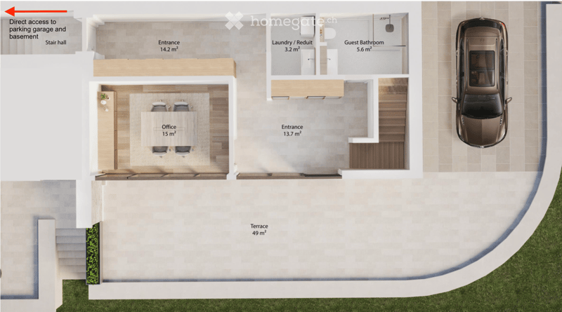 Floor plan showing a modern apartment layout with an office, entrance, guest bathroom, laundry/redirt area, and a large terrace. Includes direct access to a parking garage and basement.