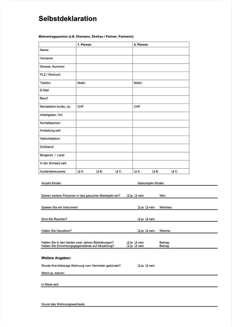 A rental declaration form titled 'Selbstdeklaration' with fields for personal information, employment details, and rental history. Includes sections for two persons, contact information, employment, and rental-related questions.