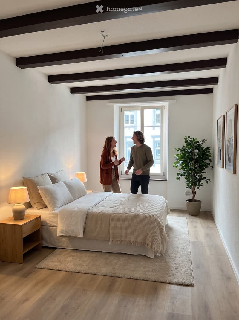 Bright bedroom with wooden floors, large bed with white bedding, nightstands with table lamps, a potted plant, and framed artwork on the wall. Two people are standing near a large window.