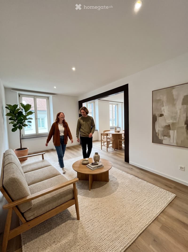 Modern living room with light wooden floors, a beige sofa, a round coffee table, a dining area with a table and chairs, and a large window with a view.