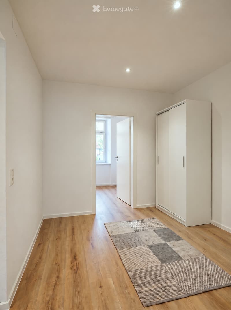Empty room with light-colored walls, wooden flooring, and a large built-in wardrobe. A small rug is placed on the floor, and a doorway leads to another room with a window.