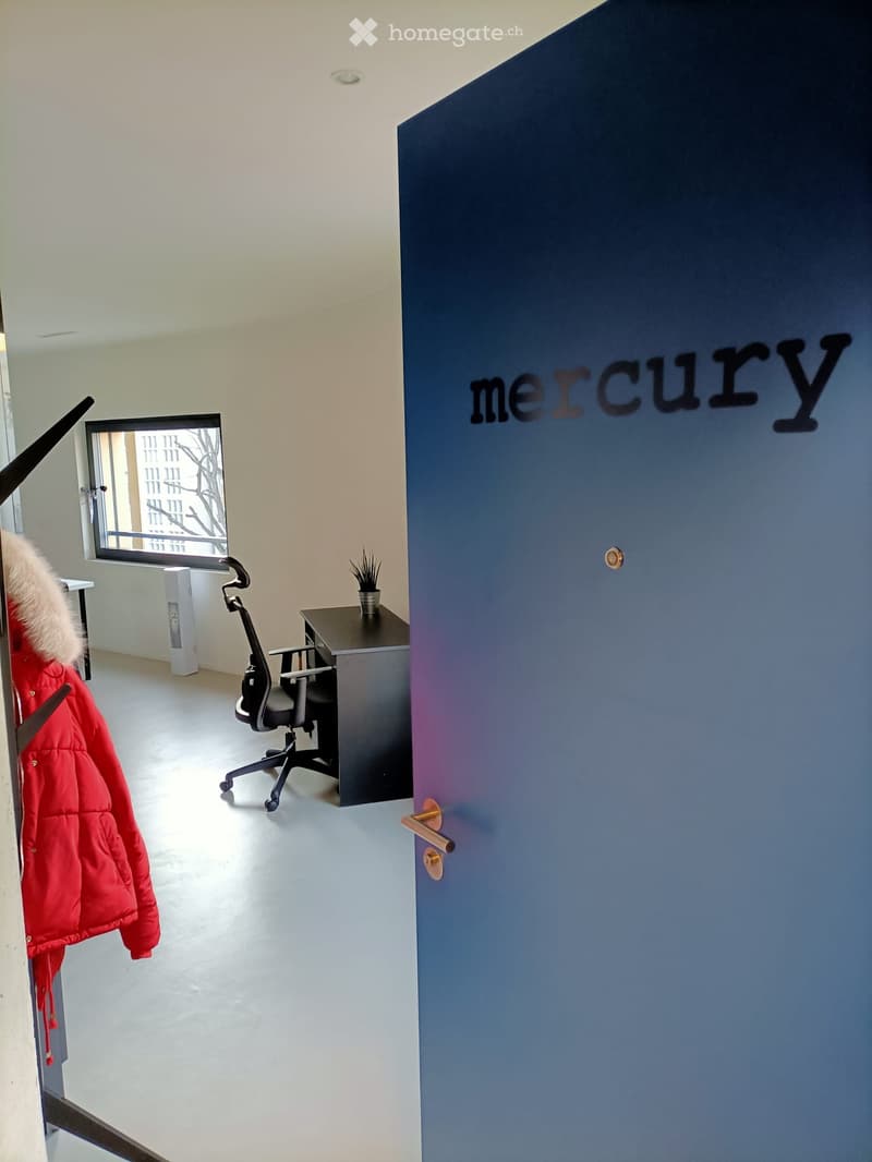 A modern, minimalistic room with a desk, chair, small plant, and a red jacket hanging on the wall. The room features a large window with a view of a building outside.