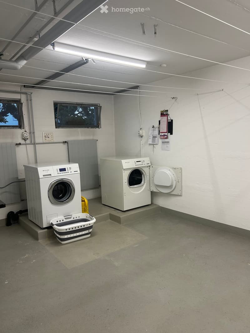 Laundry room with a washing machine, dryer, and laundry basket on a concrete floor.