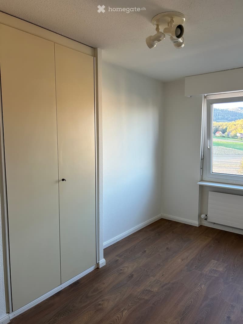 Empty room with light-colored walls, wooden flooring, a window with a view, and a radiator below the window.
