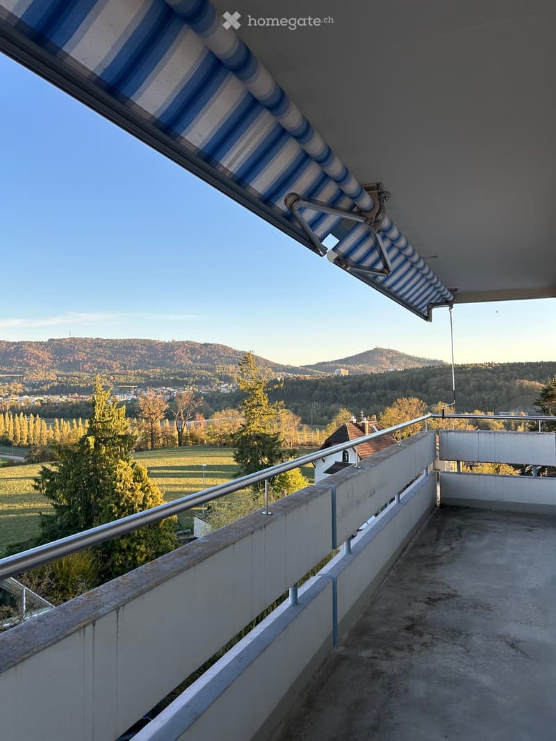 Balcony with metal railing, striped awning, and scenic view of countryside and hills.