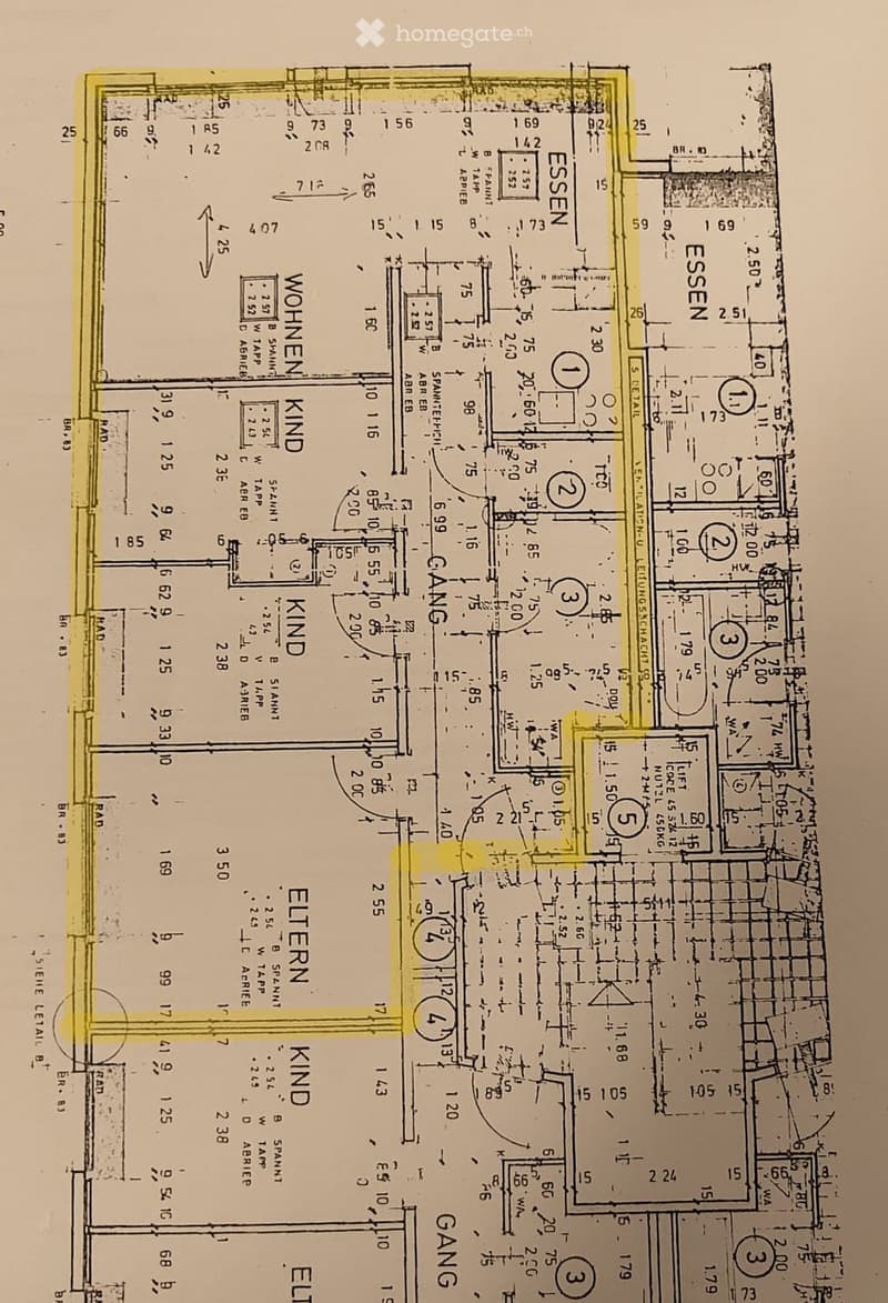 Floor plan of a multi-room residential building with labeled rooms including 'WOHNEN' (living room), 'KINDER' (children's room), 'ESSEN' (dining room), and 'ELTERN' (parents' room).