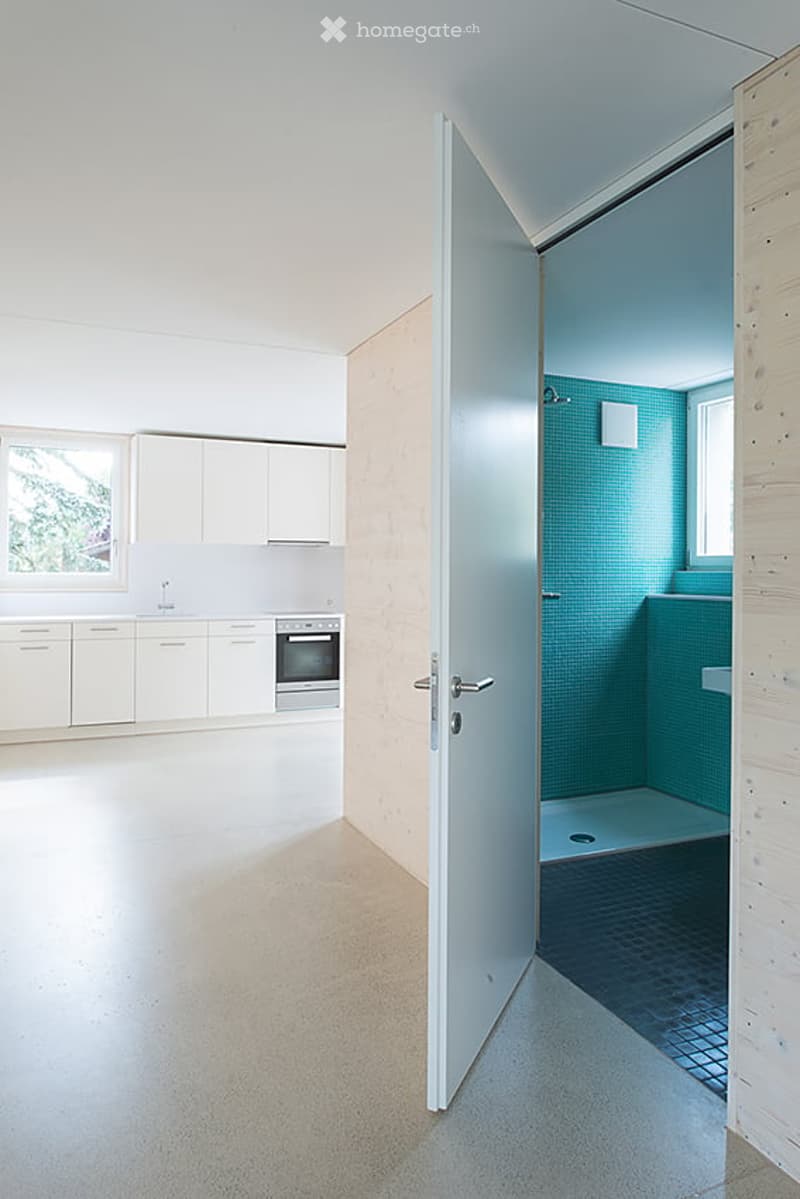Open-plan space with a modern kitchen area featuring white cabinets, a sink, and an oven, connected to a shower area with teal tiles and a glass door.