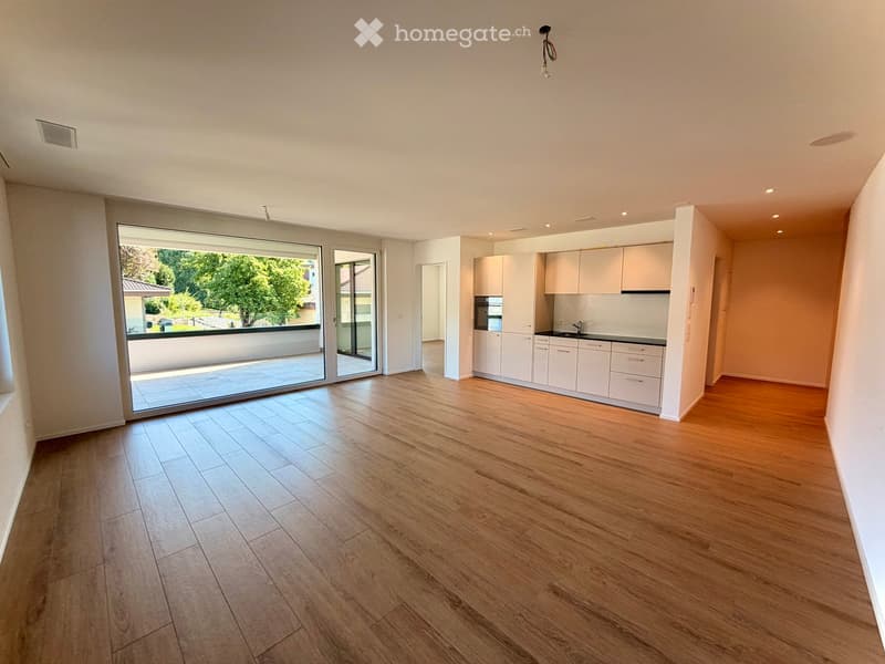 Open-plan unfurnished room with light wooden flooring, white kitchen cabinets, and large sliding glass doors leading to a balcony.