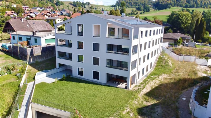 Modern multi-story building with balconies and large windows, surrounded by green lawn and neighboring houses.