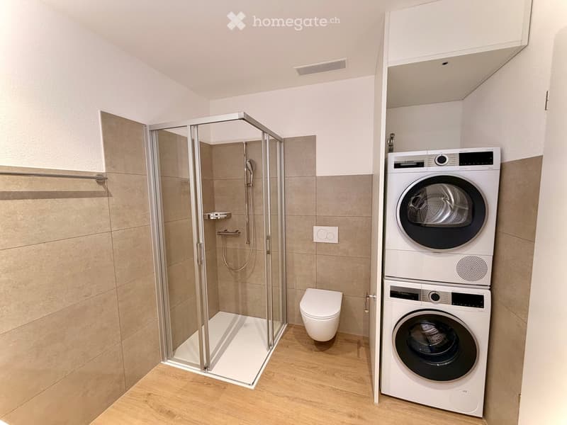 Modern bathroom with a glass-enclosed shower, toilet, and stacked washer/dryer unit.
