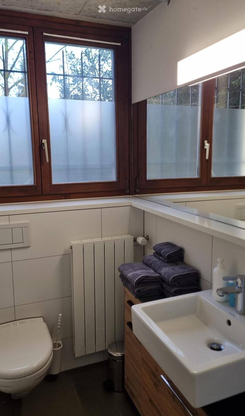 Modern bathroom with a toilet, sink, mirror, and neatly stacked towels. Features a radiator, wooden cabinetry, and frosted glass windows.
