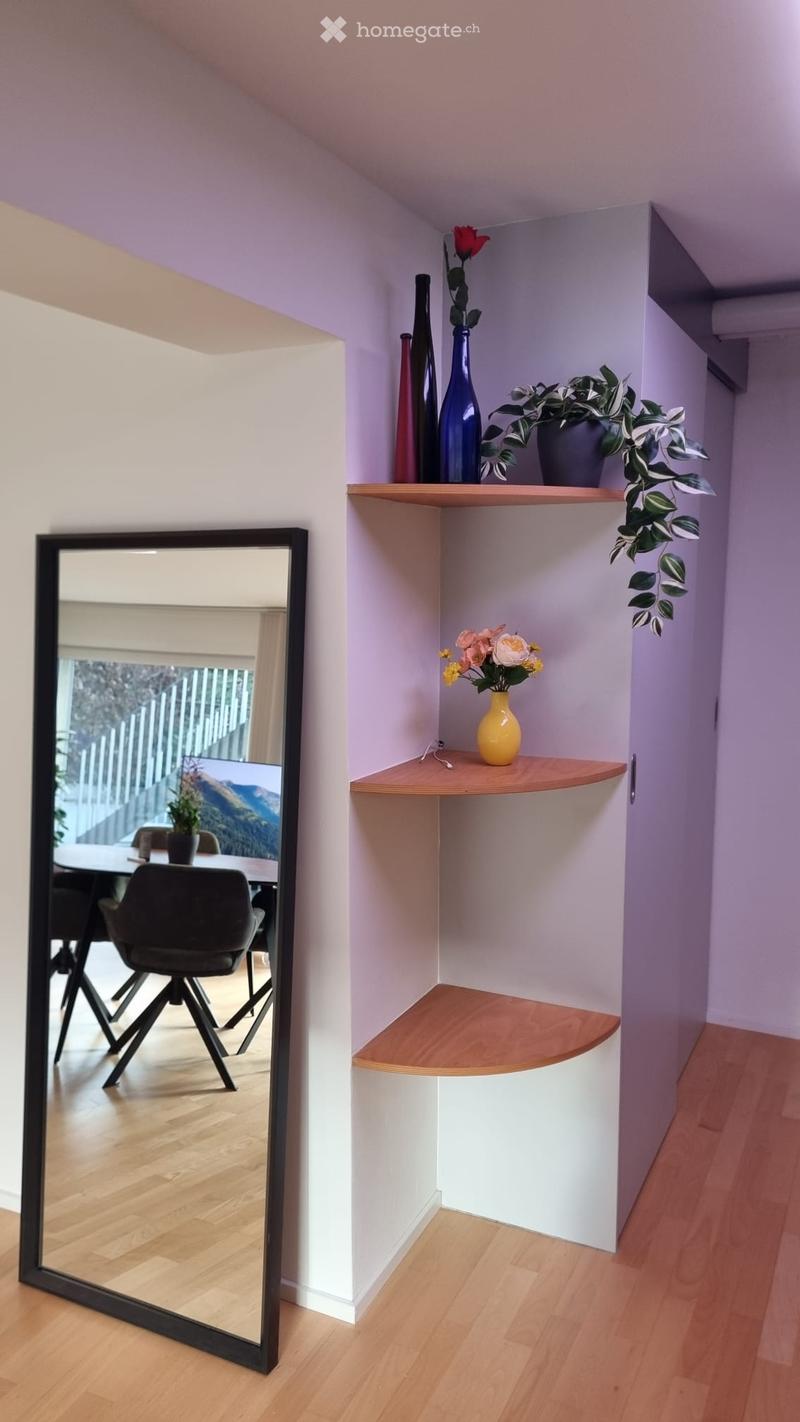 A narrow hallway with light wooden flooring, white walls, and built-in wooden shelves holding decorative items such as vases, flowers, and a potted plant. A large mirror is mounted on the left wall, reflecting part of the adjacent room.