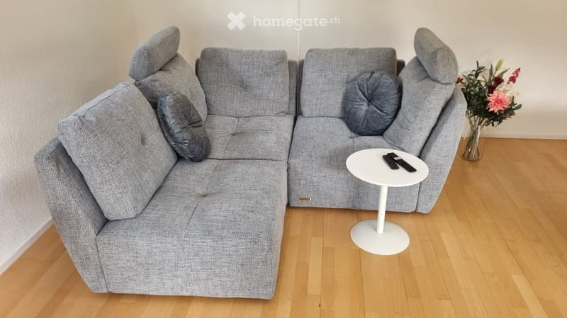 Modern living room with a grey sectional sofa, a white coffee table, and a vase with flowers on the floor.