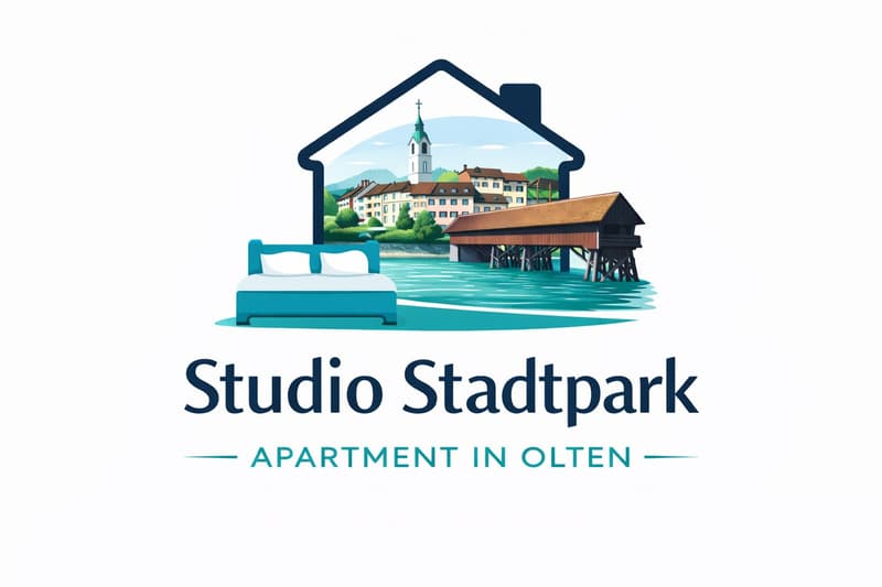 Logo for 'Studio Stadtpark' featuring a stylized house icon, a bed, a small bridge, and a townscape with a church tower.