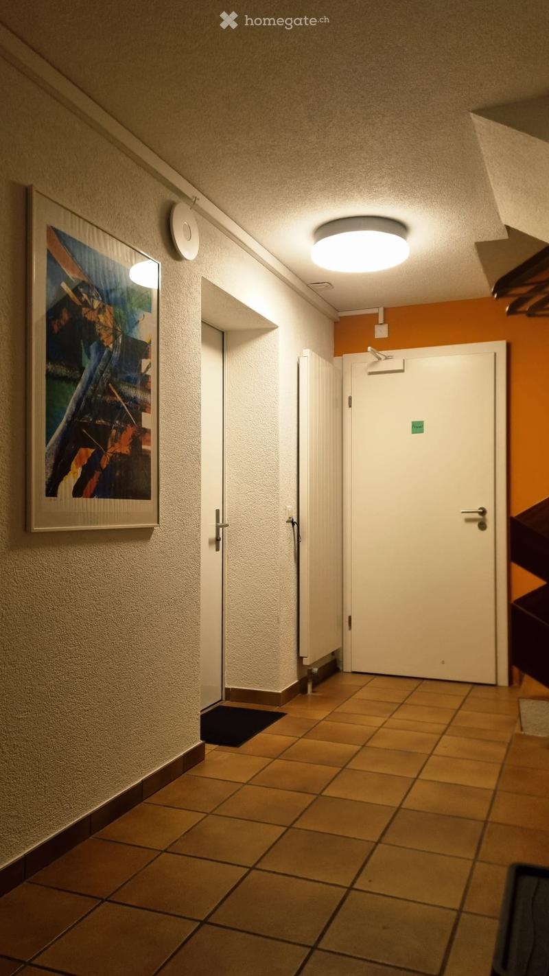 A narrow hallway with tiled flooring, white walls, and a round ceiling light. A framed abstract painting is mounted on the left wall, and a closed door is visible at the end of the corridor.