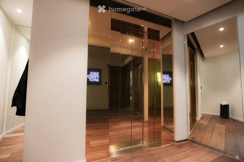 Modern hallway with wooden flooring, glass elevator doors, and minimalistic design. Features a coat hanging on the left and a small trash bin on the right.