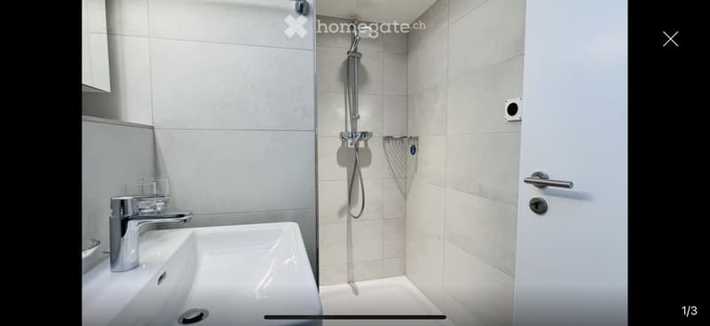 Modern bathroom with a white sink, chrome faucet, and a shower area with a handheld showerhead. The walls are tiled in light gray, and the door is white with a silver handle.