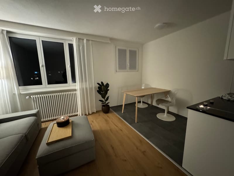 A modern, well-lit living space with a sofa, coffee table, dining table, chairs, and a potted plant. The room features wooden flooring and large windows with white curtains.