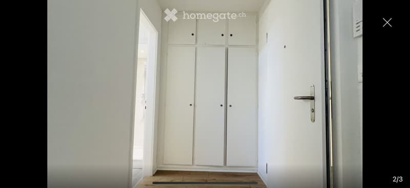 Empty hallway with white built-in wardrobes, wooden floor, and a closed door.
