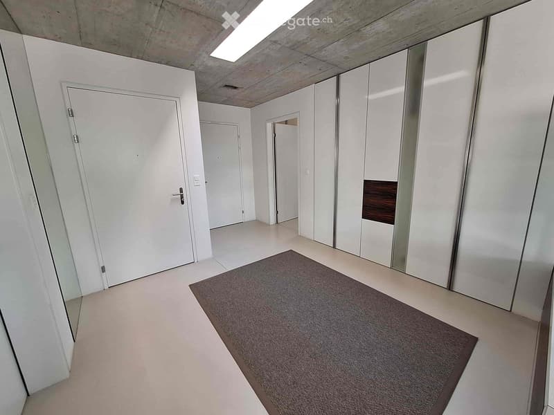 Modern, minimalist hallway with white walls, light-colored flooring, and a small gray rug. Features multiple doors and built-in white cabinets with mirrored surfaces.