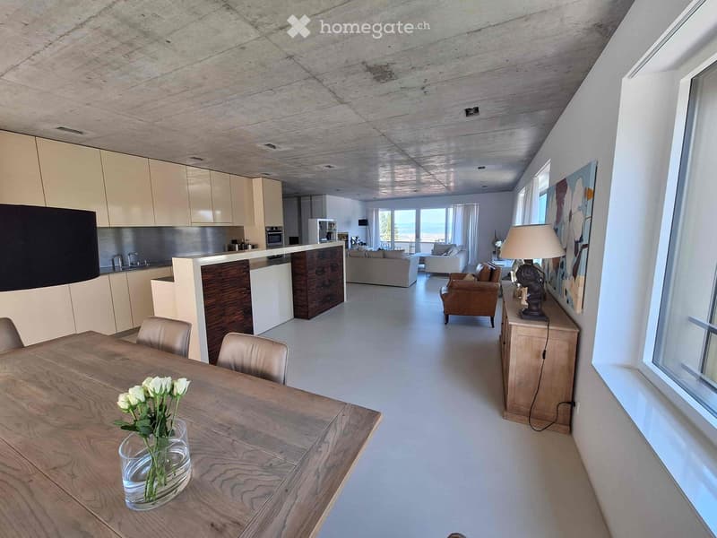 Open-plan living and dining area with modern furniture, including a wooden dining table, chairs, a sofa, and a lamp. The kitchen area features cabinets, a sink, and an oven. Large windows provide natural light, and a painting adorns the wall.