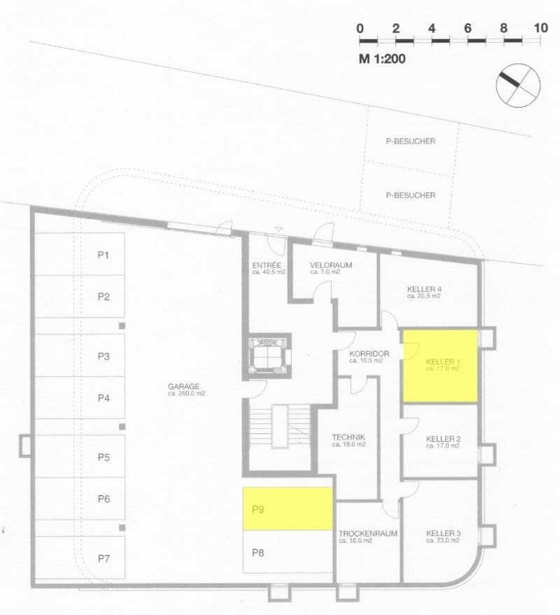 Floor plan of a building with labeled areas including a garage, entrance, corridor, technical room, storage rooms, and parking spaces.