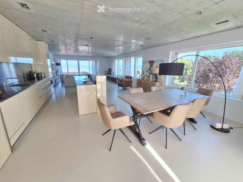 Open-plan living and dining area with modern furniture, large windows, and a kitchen area.