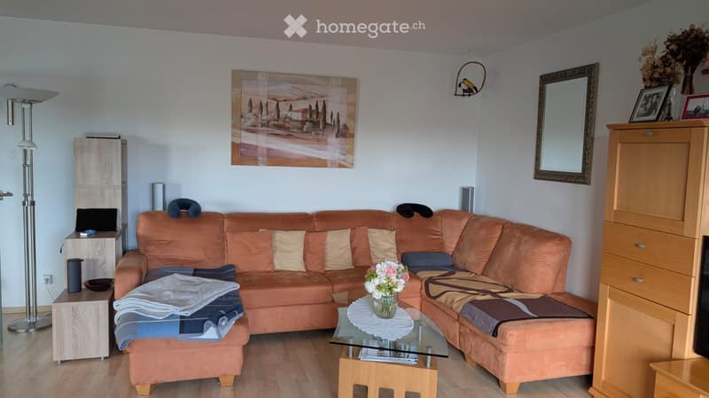 A modern living room with a large orange sectional sofa, a glass coffee table, a floor lamp, a mirror, and a wooden cabinet. The room features a painting on the wall and a vase with flowers on the coffee table.