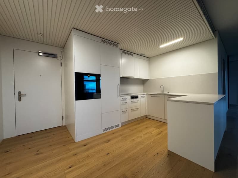 Modern kitchen with white cabinets, wooden flooring, and built-in appliances including an oven and sink.