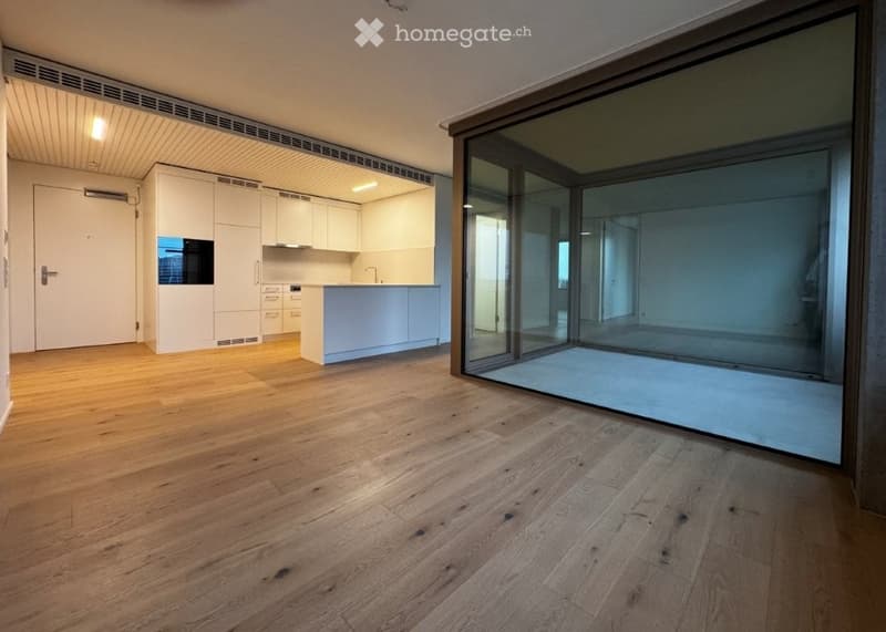 Open-plan space with light wooden flooring, white kitchen units, and large glass sliding doors leading to a balcony area.