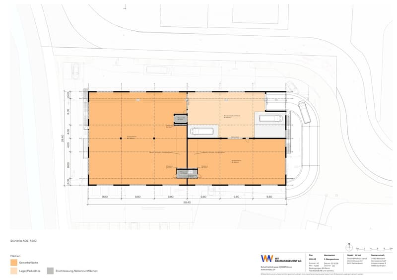 Floor plan of a commercial building with labeled areas including a reception, office spaces, and parking/loading zones.