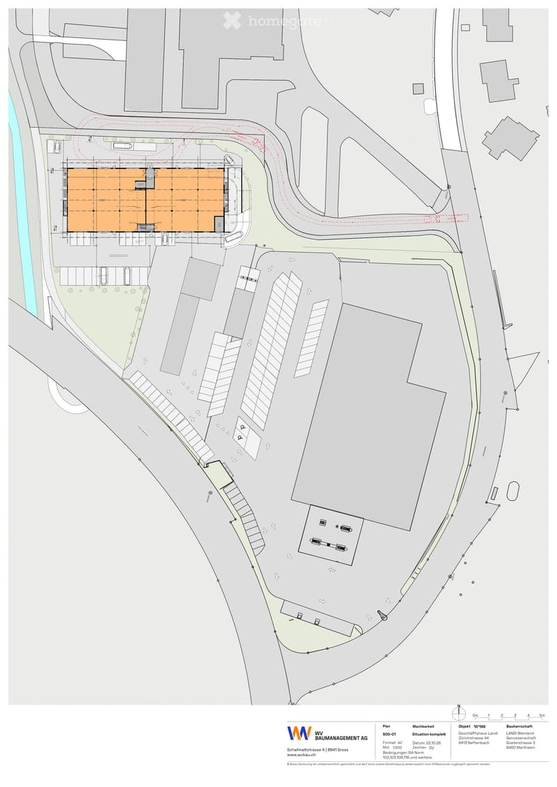 Site plan showing a building with parking, pathways, and surrounding area.