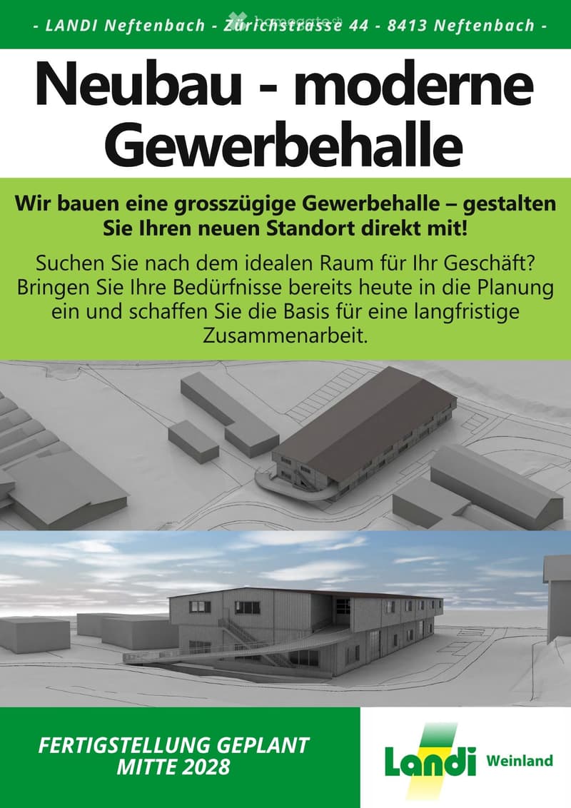 3D rendering of a modern industrial building with a flat roof, large windows, and a staircase leading to an entrance, surrounded by smaller structures.